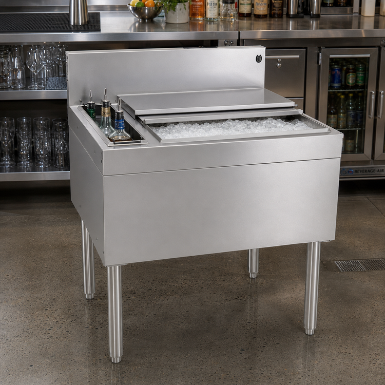 Product image #2 for Glastender 30-Inch x 24-Inch Underbar Combo Ice Bin/Cocktail Unit with Left 4-Bottle Well and 10-Circuit Cold Plate