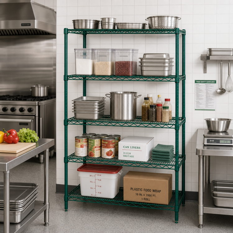 Product image #2 for Quantum 48" x 12" x 63" Wire Shelving Starter Kit with 5 Shelves, Stationary, Green Epoxy Finish