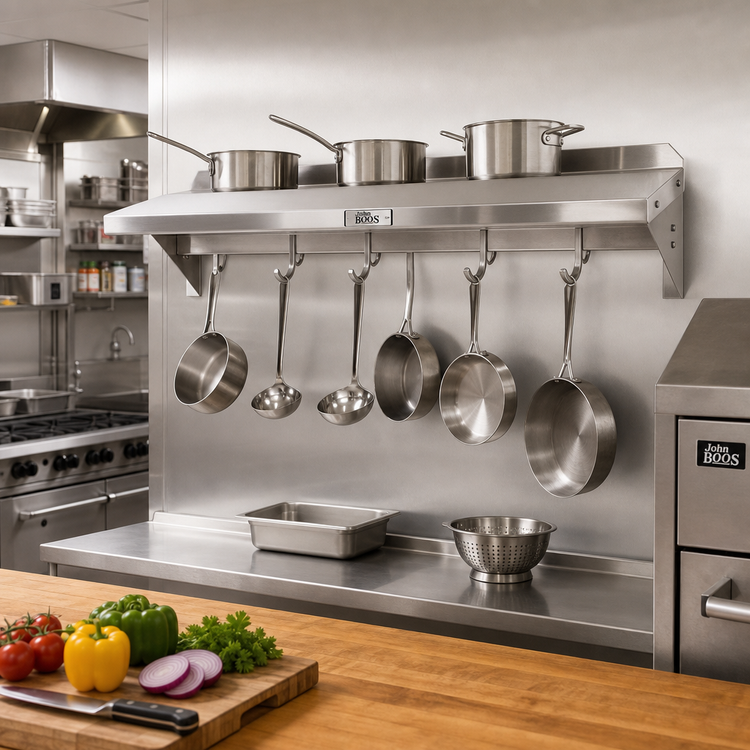 Product image #2 for John Boos Stallion 72 Inch Wall-Mounted Stainless Steel Pot Rack Shelf with 6 Hooks