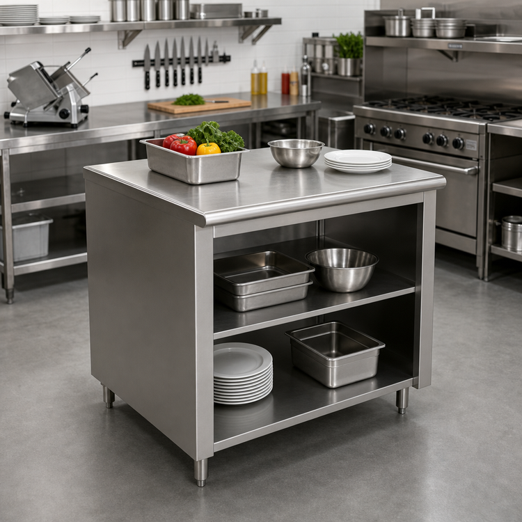 Product image #2 for Advance Tabco 36 Inches x 36 Inches Underbar Work Table with Open Front Cabinet Base, Mid-Shelf, and 14-Gauge 304 Stainless Steel Top