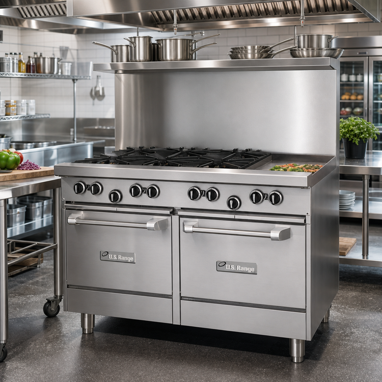 Product image #2 for US Range U-Series 48-Inch Gas Restaurant Range with 6 Open Burners, 12-Inch Griddle and Storage Bases