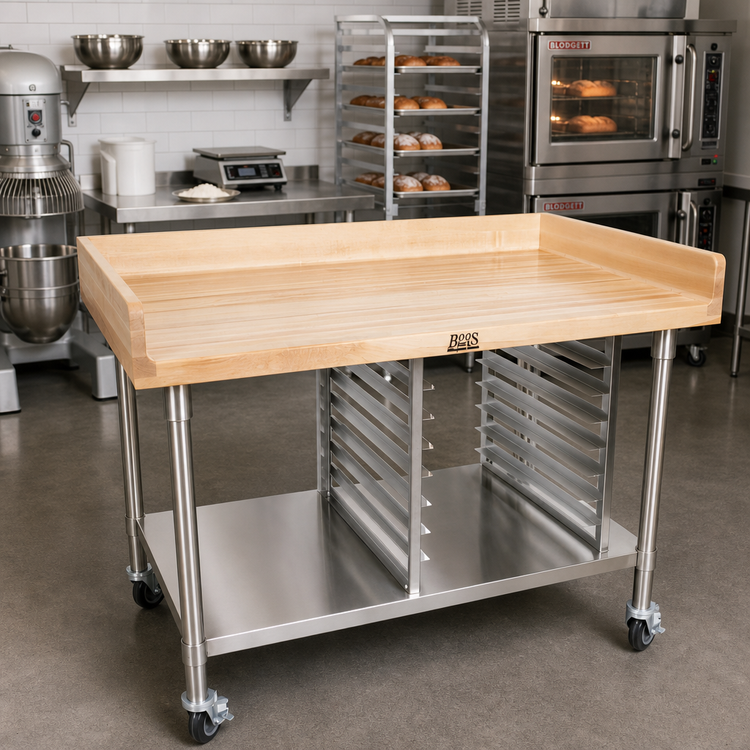 Product image #2 for John Boos 60" x 36" Maple Top Bakery Prep Table with Stainless Steel Undershelf, Bun Pan Rack and Locking Casters