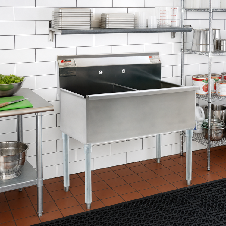 Product image #2 for Eagle Group Two-Compartment Utility Sink with Legs, 61-3/8 Inch W x 28 Inch D, 304 Stainless Steel, 30 x 24 x 13-3/8 Inch Bowls, No Drainboards