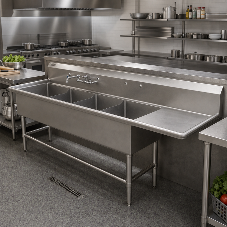 Product image #2 for John Boos Pro-Bowl 4-Compartment Sink with Right-Hand Drainboard, 24" x 24" x 12" Bowls, 16-Gauge Type 300 Stainless Steel