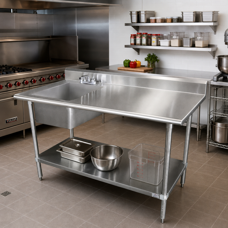 Product image #2 for Advance Tabco Special Value Series 72-Inch x 30-Inch Sink Work Table with Left Prep Sink, 430 Stainless Steel Top, and Galvanized Undershelf