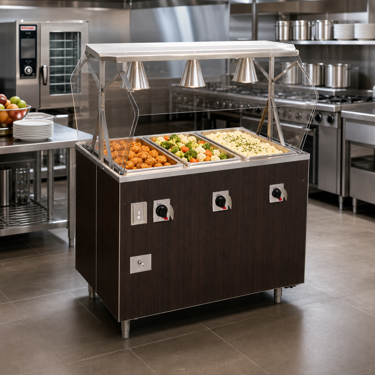 Product image #2 for Vollrath 2-Series Affordable Portable Deluxe 3-Well Mobile Hot Food Station with Open Storage Base, Buffet Breath Guard and Lights, Walnut Woodgrain, 120V