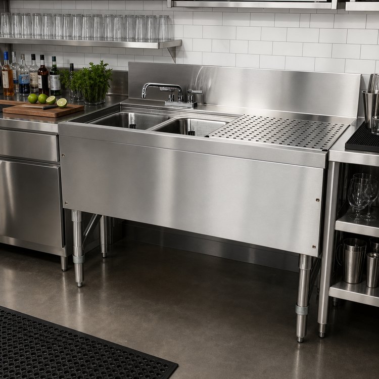 Product image #2 for Prestige 36-Inch Stainless Steel 2-Compartment Underbar Sink Unit with Right Drainboard and Deck-Mount Faucet