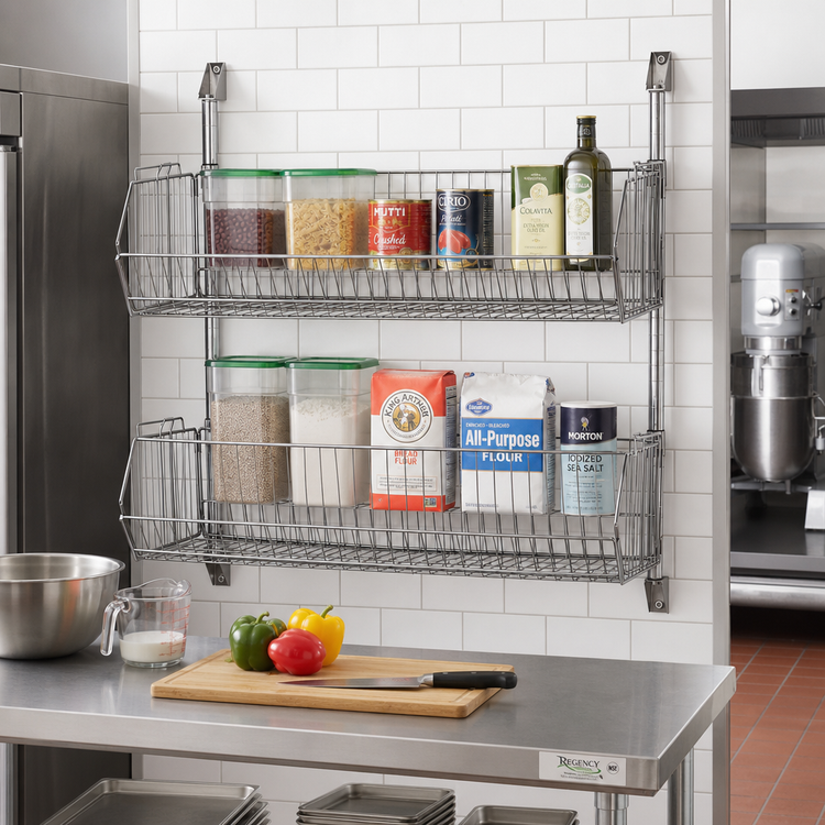 Product image #2 for Quantum Cantilever Post Wall-Mount Basket Rack with 2 Wire Baskets, 36 x 14 x 34 Inches, Chrome Plated