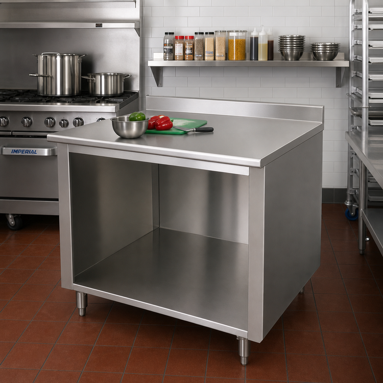 Product image #2 for Advance Tabco 96-Inch x 24-Inch 14-Gauge 304 Stainless Steel Open Front Cabinet Base Work Table with 5-Inch Backsplash