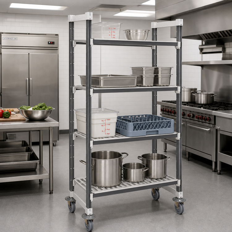 Product image #2 for Cambro Camshelving Elements XTRA High Density Mobile Starter Unit, 18 in x 60 in x 78-1/4 in, 4-Shelf Vented, Speckled Gray
