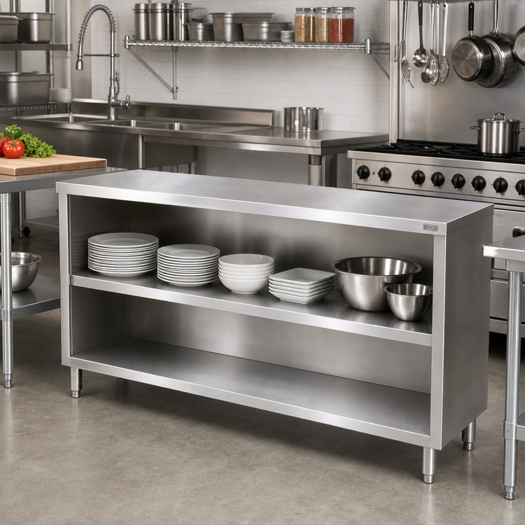 Product image #3 for John Boos Floor Model Open Front Stainless Steel Dish Cabinet with Mid-Shelf, 72 x 18 x 35 Inches