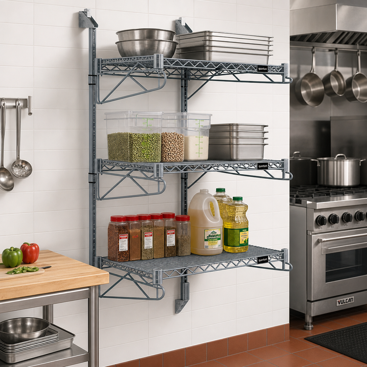 Product image #2 for Quantum 3-Shelf Wall-Mount Cantilever Starter Unit with 54-Inch Posts and Gray Epoxy Antimicrobial Finish