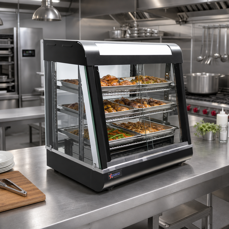 Product image #2 for Omcan 27-Inch Countertop 3-Tier Hot Food Merchandiser / Display Warmer with Glass Sides