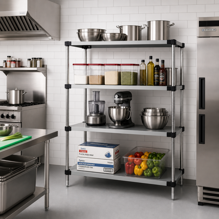 Product image #2 for Quantum Solid Stainless Steel Shelving Starter Kit, 72"W x 14"D x 63"H, 4 Shelves, 4 Posts