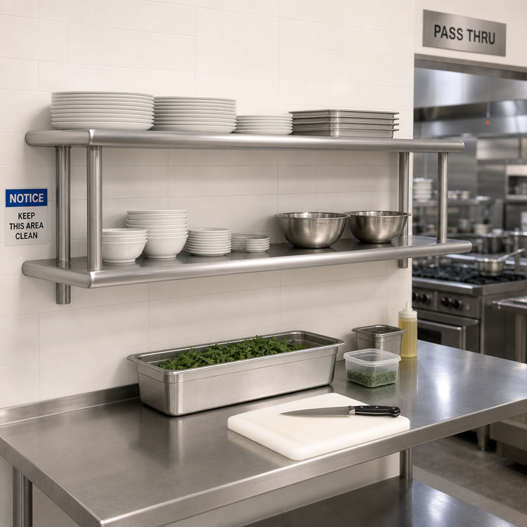 Product image #2 for Advance Tabco Double-Tier Pass-Thru Shelf, 120-Inch W x 24-Inch D, Wall-Mounted Stainless Steel