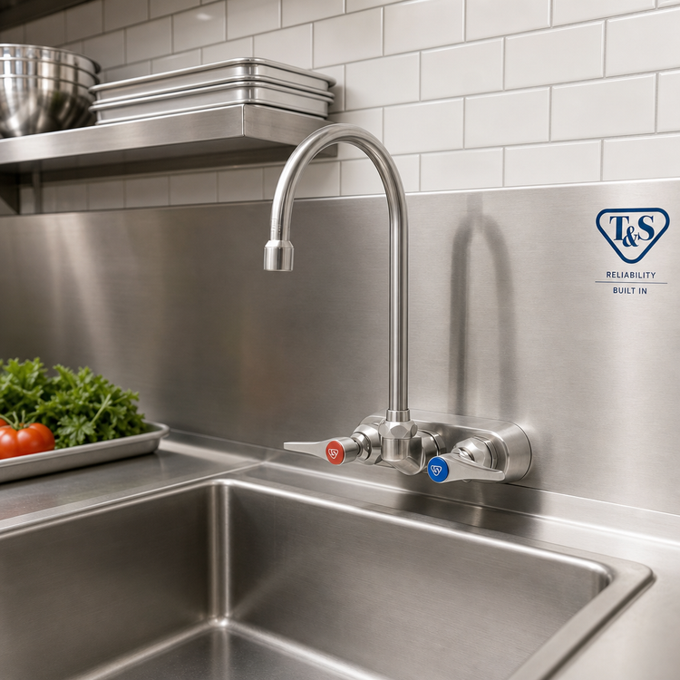 Product image #2 for T&S Brass EverSteel 4" Wall-Mount Stainless Steel Workboard Mixing Faucet with 5 3/4" Swivel Gooseneck
