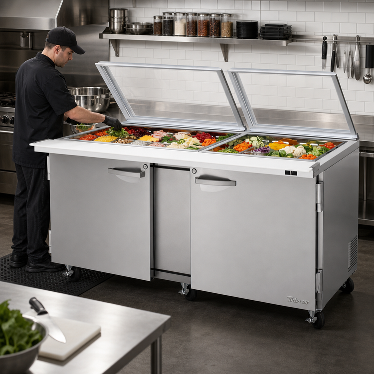 Product image #2 for Turbo Air PRO Series 72-5/8-Inch Two-Section Mega Top Glass Lid Sandwich/Salad Prep Table, 30 1/6-Size Pan Capacity