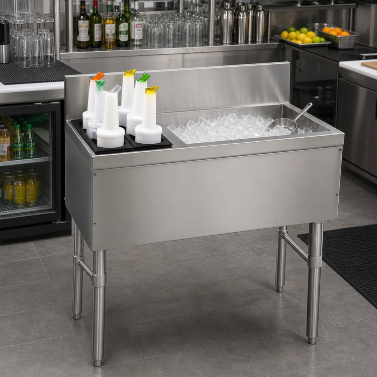Product image #2 for Advance Tabco Prestige 48-Inch Stainless Steel Bar Ice Bin with Left Bottle Storage Rack and 7-Inch Backsplash