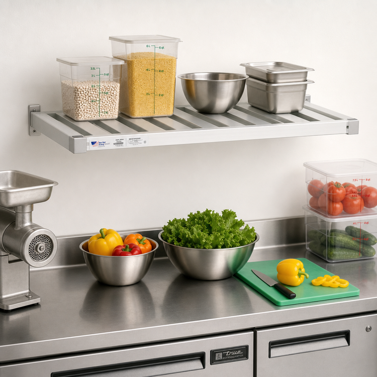 Product image #3 for New Age 1530TB Adjust-A-Shelf 30 in x 15 in T-Bar Wall-Mounted Aluminum Shelf — 1,500 lb Capacity, NSF, Made in USA