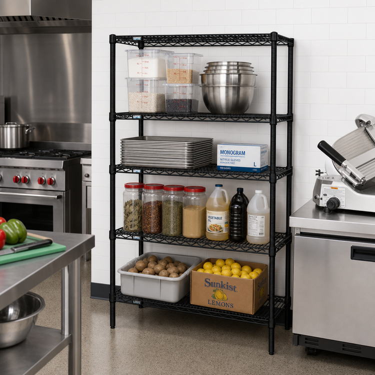 Product image #2 for Quantum 42"W x 12"D x 54"H Stationary Wire Shelving Starter Kit, 4-Shelf, Black Epoxy Antimicrobial Finish