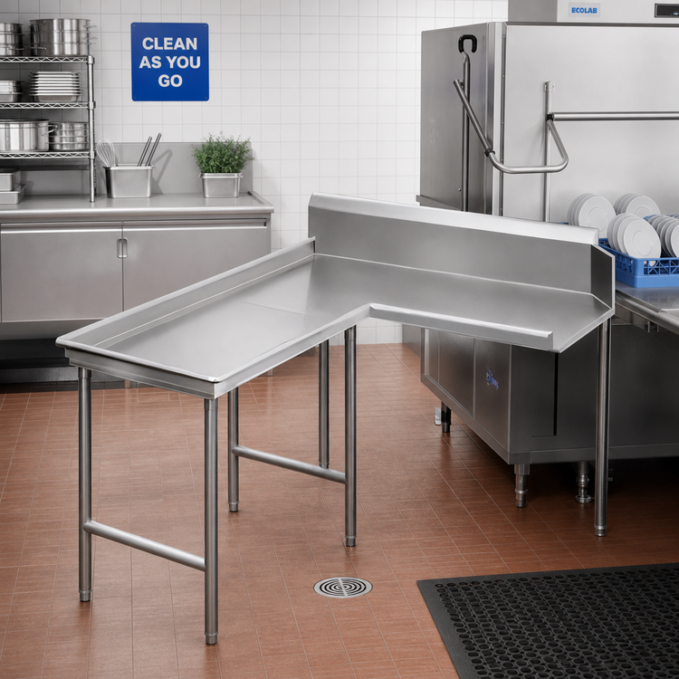 Product image #2 for Advance Tabco Island L-Shaped Clean Dishtable, Left-Side Operator Attachment, 59 Inch, 304 Stainless Steel, 16 Gauge