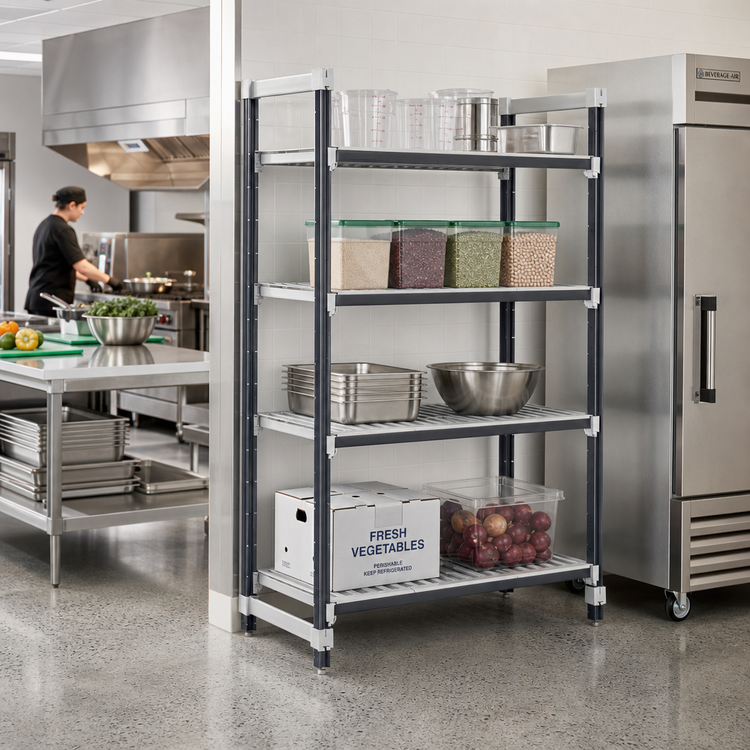 Product image #2 for Cambro Camshelving Elements XTRA Stationary Starter Shelving Unit, 18" x 60" x 84", 4-Shelf, Speckled Gray