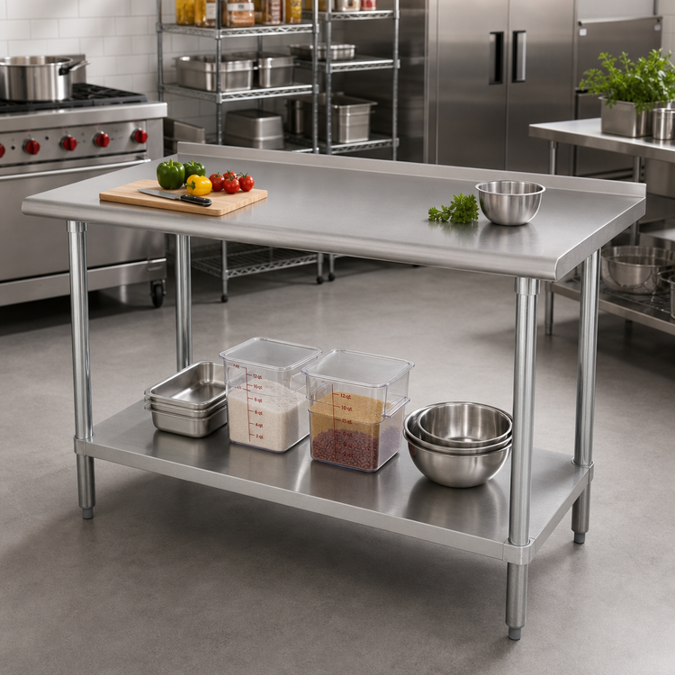 Product image #2 for Advance Tabco 60" x 36" Stainless Steel Work Table with 1-1/2" Rear Up-Turn and Adjustable Undershelf