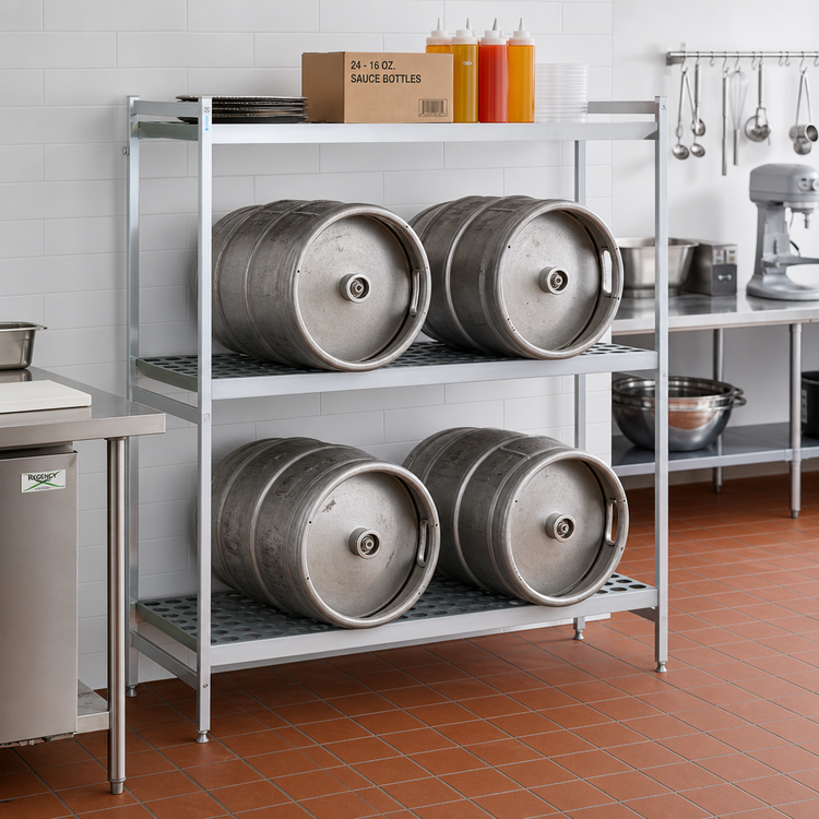 Product image #2 for Fermod 42 Inch Wide 3-Shelf Aluminum Keg Rack, 4-Keg Capacity