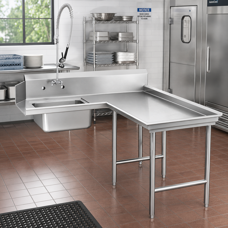 Product image #2 for Advance Tabco Island Soil L-Shaped Right-Hand Dish Table with Pre-Rinse Sink, 107-Inch, 16 Gauge 304 Stainless Steel