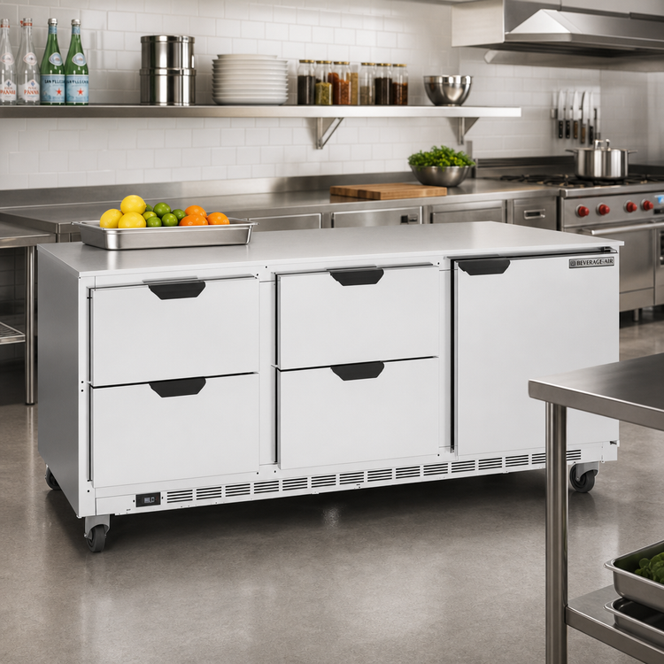 Product image #2 for Beverage-Air UCRD72AHC-4 Three-Section Undercounter Refrigerator with 4 Drawers and 1 Solid Door, 72 Inch Wide, Rear-Mounted Self-Contained