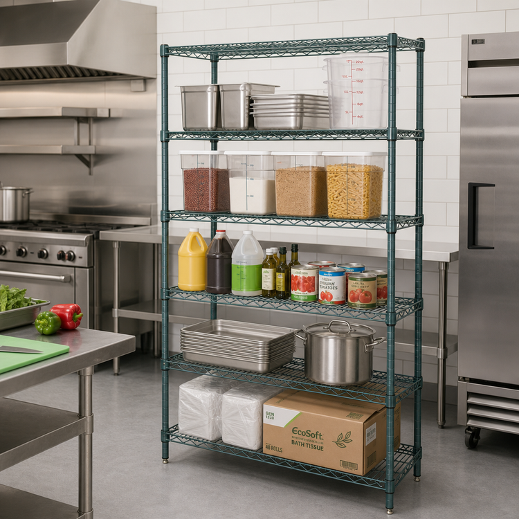Product image #2 for Quantum 60-Inch W x 18-Inch D x 63-Inch H Stationary Wire Shelving Starter Kit with 5 Shelves, Green Epoxy Finish