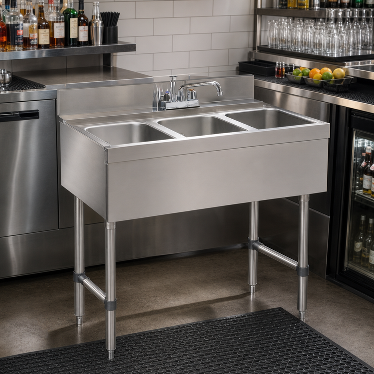 Product image #2 for Advance Tabco Underbar Basics 3-Compartment Stainless Steel Bar Sink Unit with Deck-Mount Faucet, 36 x 21 x 33 Inches