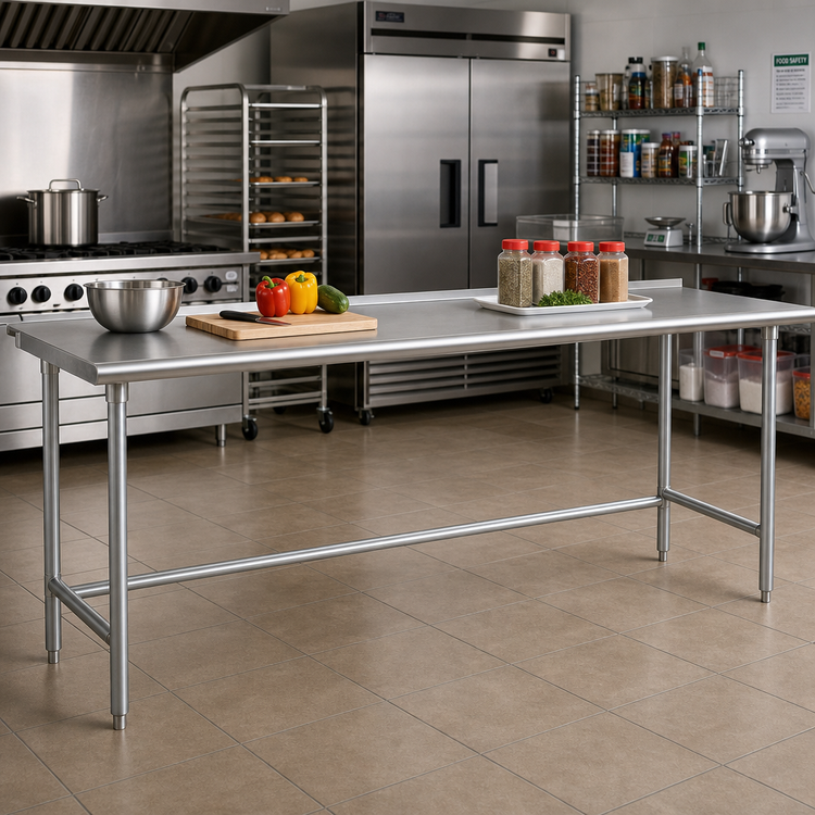 Product image #2 for Advance Tabco 144-Inch x 30-Inch 16 Gauge 430 Stainless Steel Work Table with 1-1/2-Inch Rear Up-Turn and Galvanized Base