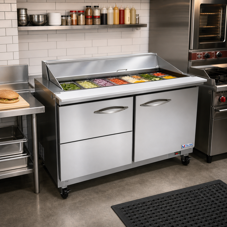 Product image #2 for IKON Refrigeration Mega Top Two-Section Sandwich / Salad Prep Table with 15-Pan Opening, 2 Drawers, and 1 Door, 36-Inch Wide