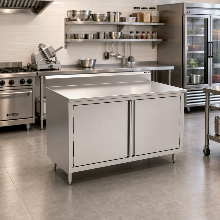 Product image #2 for John Boos Cabinet Base Work Table with Hinged Doors, 36 x 30 Inch, 14-Gauge 300-Series Stainless Steel Top, 5-Inch Backsplash