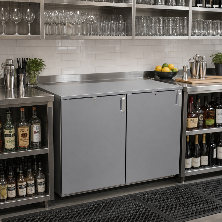 Product image #2 for Glastender Low Profile 48-Inch Two-Section Non-Refrigerated Back Bar Dry Storage Cabinet