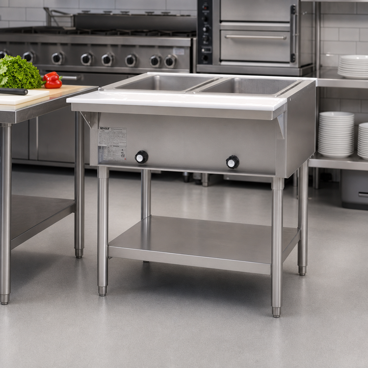 Product image #2 for Eagle Group 33-Inch Wide Natural Gas Open Base Hot Food Table with (2) 12 x 20 Dry Wells and Poly Cutting Board