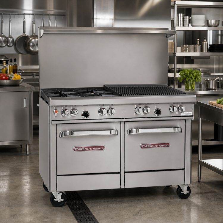 Product image #2 for Southbend Ultimate 48-Inch Gas Restaurant Range with 2 Open Burners, 36-Inch Charbroiler, Standard Oven, Cabinet Base and Wavy Grates