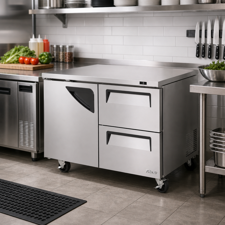 Product image #2 for Turbo Air Super Deluxe Two-Section Undercounter Refrigerator, 48 1/4 Inch, 1 Door, 2 Drawers, Rear-Mount Self-Contained