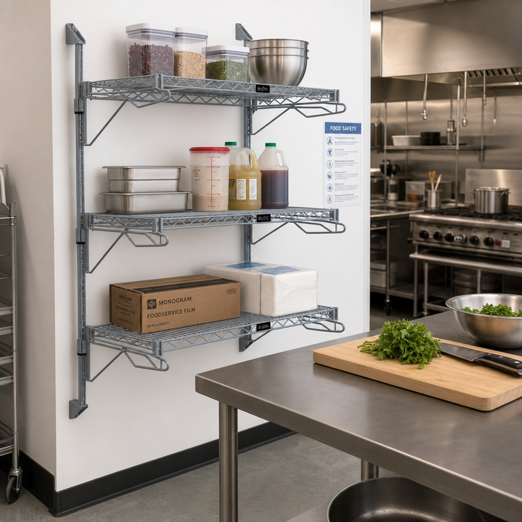 Product image #2 for Quantum Wall-Mount Cantilever Starter Unit with 3 Wire Shelves and Gray Epoxy Antimicrobial Finish
