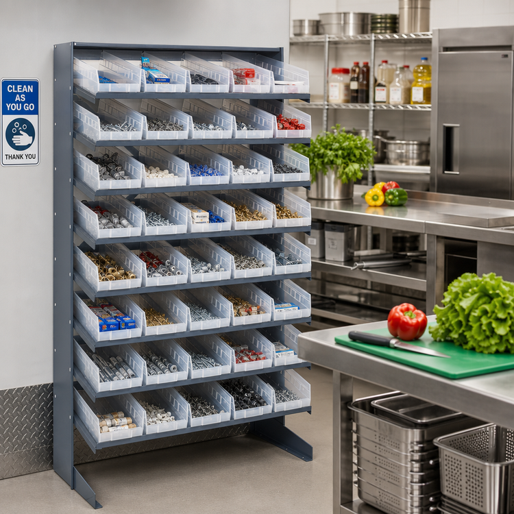 Product image #2 for Quantum Sloped Single-Sided Steel Pick Rack with 8 Shelves and 40 Clear Bins, 36 x 18 x 60 Inches