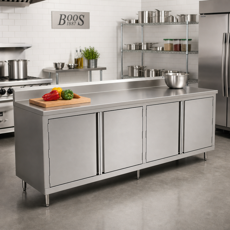 Product image #2 for John Boos Enclosed Base Work Table with Hinged Doors, 96 x 36 Inches, 14 Gauge 300 Series Stainless Steel Top, 5 Inch Backsplash