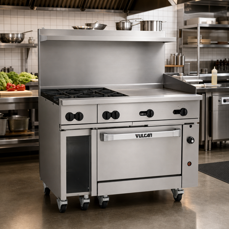Product image #2 for Vulcan Endurance 48-Inch Commercial Gas Range with 4 Open Burners, 24-Inch Griddle, Convection Oven and Cabinet Base