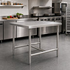 Thumbnail image #2 for Klinger's Trading HST3048 Stainless Steel Work Table, Open H-Frame Base, 18-Gauge 18/430 Flat Top, 48"W x 30"D x 36"H