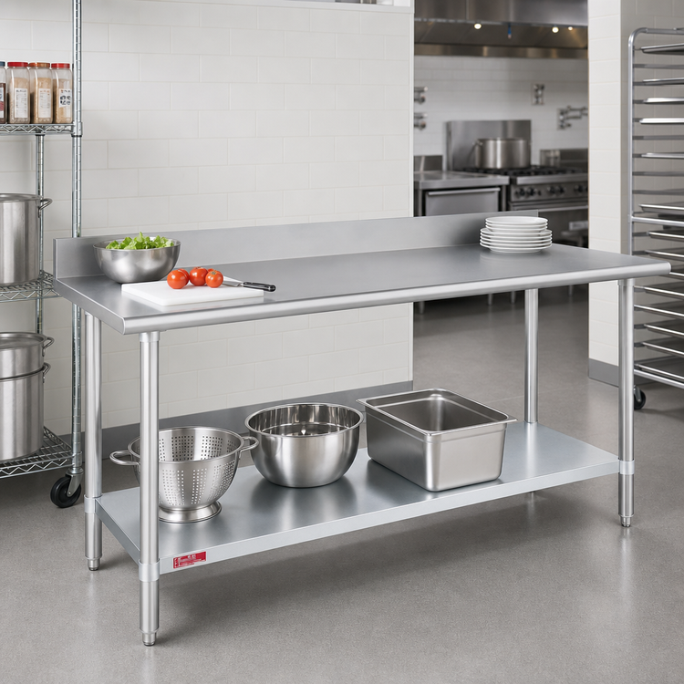 Product image #2 for Duke 108 Inch x 24 Inch Stainless Steel Work Table with 5 Inch Riser and Galvanized Undershelf