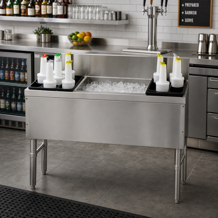 Product image #2 for Advance Tabco Prestige 60-Inch Stainless Steel Bar Ice Chest with Left and Right Bottle Storage