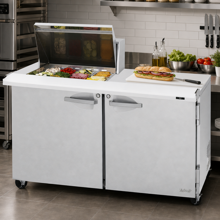 Product image #3 for Turbo Air PRO Series 60-1/4 Inch 2-Section Sandwich/Salad Mega Prep Table with Work Station, 12-Pan Top, Rear-Mounted Self-Contained Refrigeration