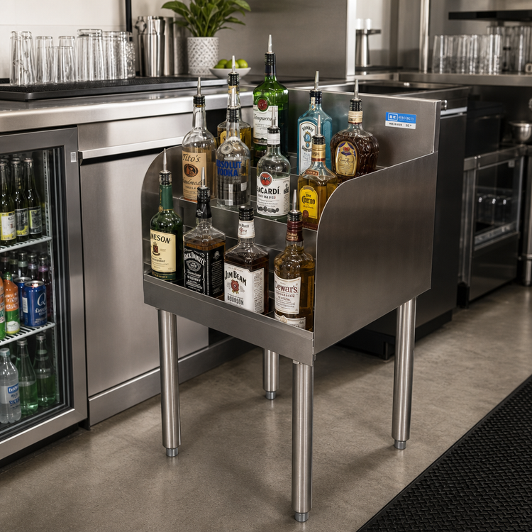 Product image #3 for BK Resources 12-Inch Wide 4-Step Underbar Liquor Bottle Display Unit, Stainless Steel, 13-Bottle Capacity