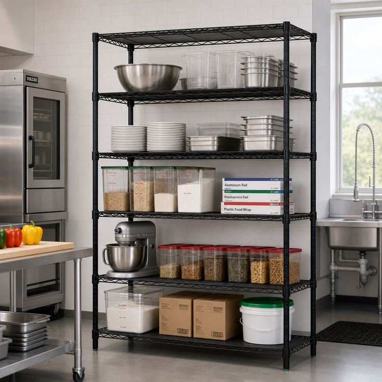 Product image #2 for Quantum Wire Shelving Starter Kit, 72"W x 30"D x 86"H, 5 Shelves, Black Epoxy Antimicrobial Finish