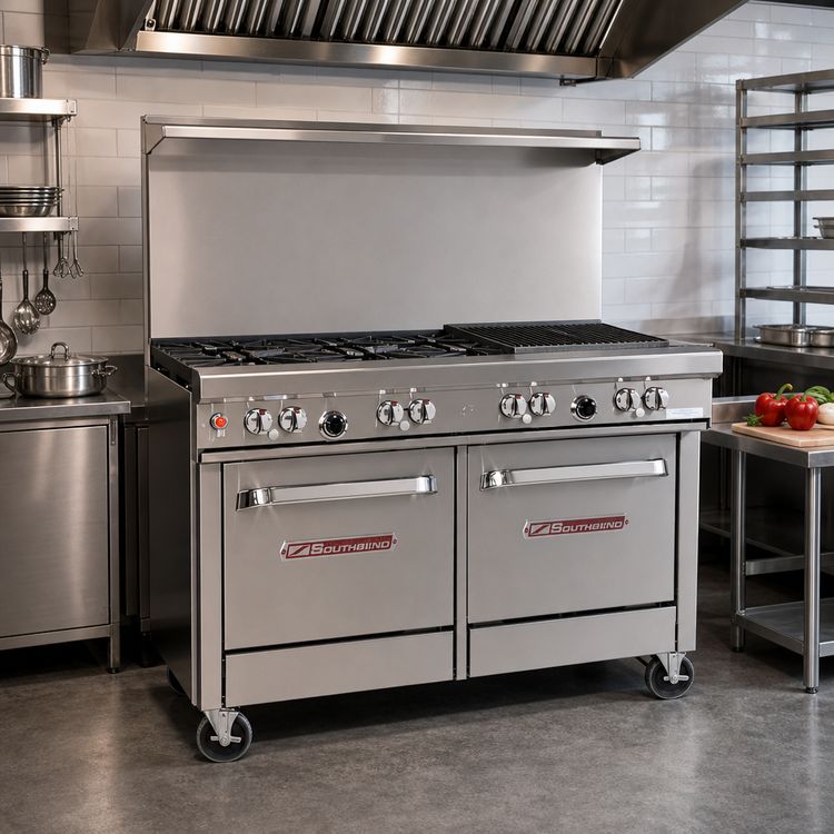 Product image #2 for Southbend Ultimate 48-Inch Gas Restaurant Range with 2 Star/Sauté Burners, 36-Inch Charbroiler, Convection Oven, and Cabinet Base